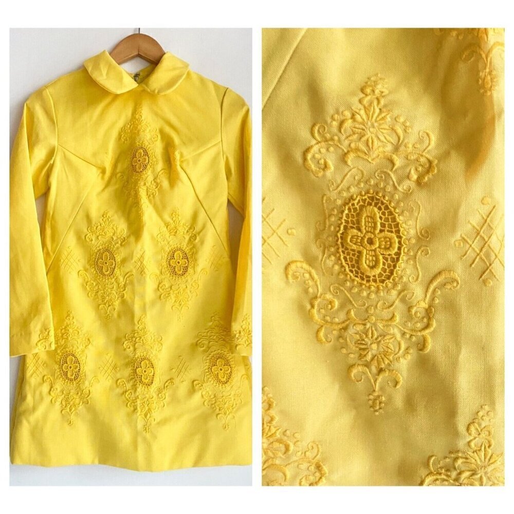 Vintage Sunny Yellow Embroudered Long Sleeve Short Tunic Top S - Picture 1 of 6
